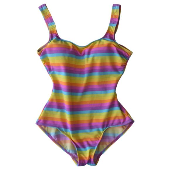 Girl Howdy Rainbow Stripe One Piece Swimsuit Size 12 Made in USA Retro Swimwear - Picture 1 of 7